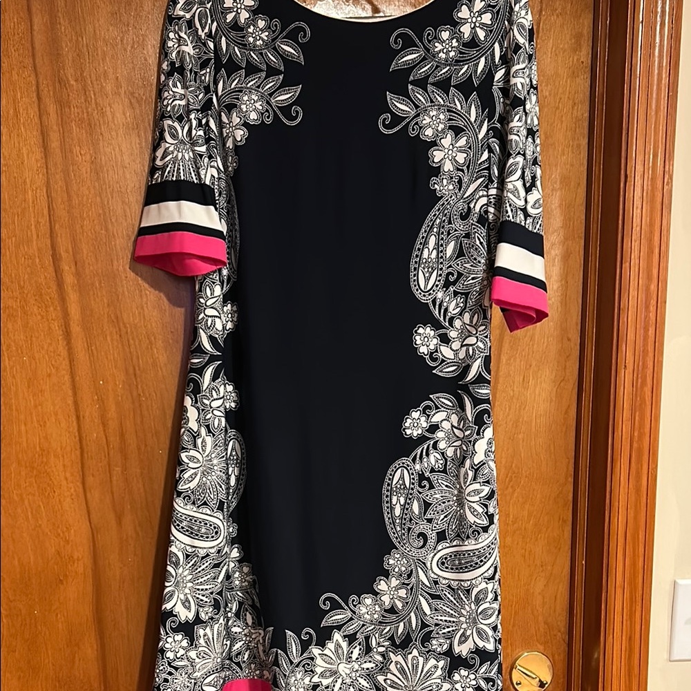 Black and White Paisley Dress with Pink Accents